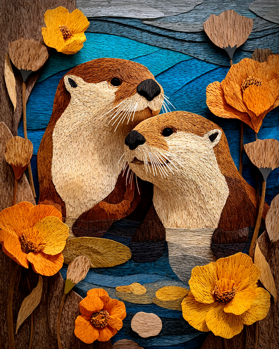 Otters in Love Wood Relief Style