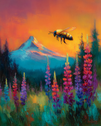 Honeybee Flying Across Mountain Meadow