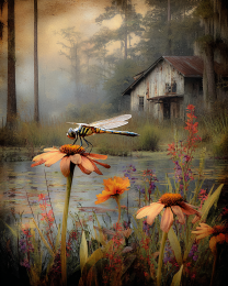 Vintage Dragonfly on Flower by Pond