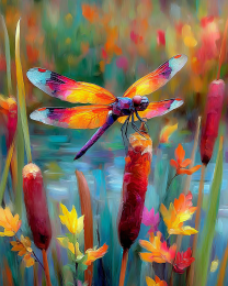 Bright Dragonfly Resting on Cattail