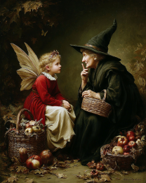 Old Witch Imparting Knowledge to a Young Fairy Art Print