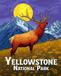 Yellowstone National Park Stylized Elk and Full Moon