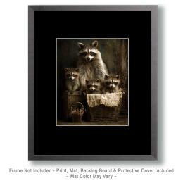 Vintage Style Raccoon Family Still-Life Art