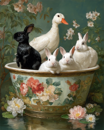 Bunnies and a Duck in a Vintage Sink Basin