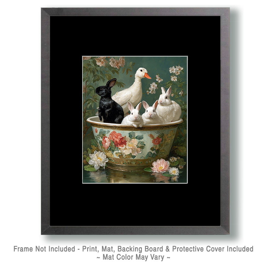 Bunnies and a Duck in a Vintage Sink Basin Art