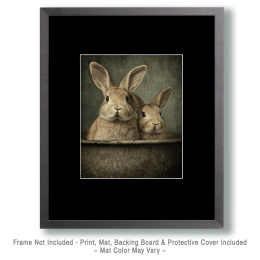Mom Rabbit and Baby Bunny in Vintage Sink Basin Art