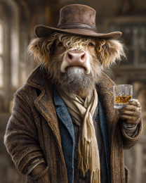Higland Cow Raises His Whiskey Glass to You