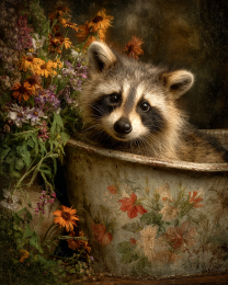Raccoon in a Vintage Sink Basin