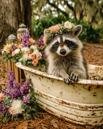 Raccoon Wearing a Wildflower Crown in and Old Vintage Bathtub