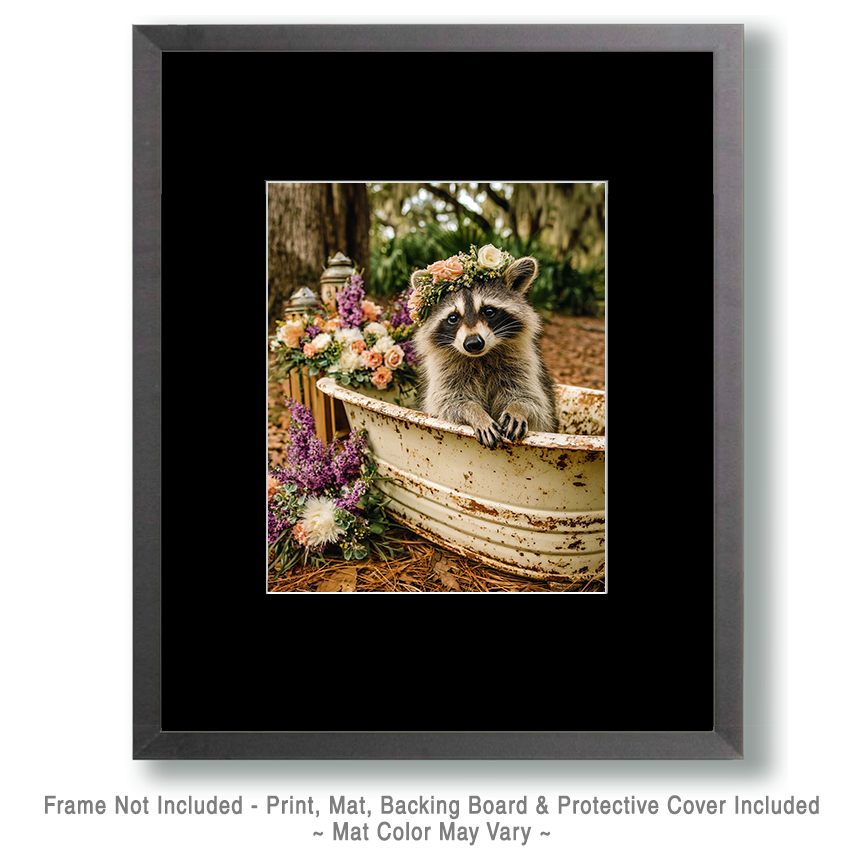 Raccoon Wearing a Wildflower Crown in and Old Vintage Bathtub Art