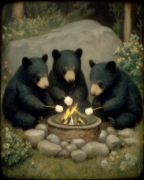 Three Black Bear Cubs Roasting Marshmallows Art Print
