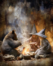 Young Witches Show Black Bear Cub How to Roast Marshmallows Art Print