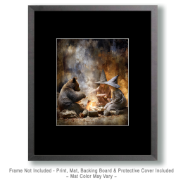 Young Witches Show Black Bear Cub How to Roast Marshmallows Art