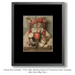 Wolf Trying to Enjoy a Cup of Coffee While Her Cub Struggles to Get Away Art