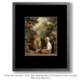 African Lion with Young Boy Vintage Wildlife Art