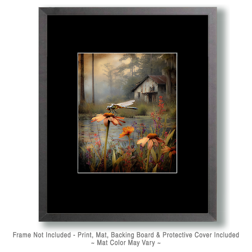 Vintage Dragonfly on Flower by Pond Art