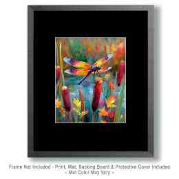 Bright Dragonfly Resting on Cattail Art