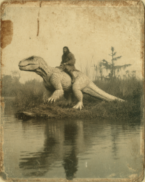 Bigfoot Hitches a Ride on a T-Rex Dinosaur - Funny Cryptid Art Print