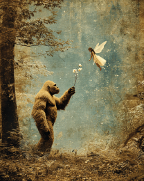 Bigfoot Offering a Floral Gift to a Fairy - Funny Cryptid Art Print