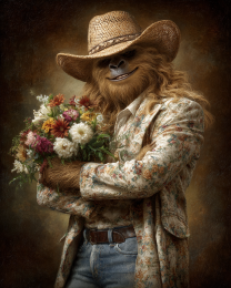 Bigfoot Cwoboy Bouquet Portrait - Funny Cryptid Art Print
