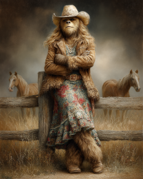 Bigfoot Cowgirl Leaning on Fence - Funny Cryptid Art Print