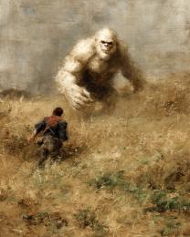 Man and Bigfoot Come Face to Face - Funny Cryptid Art Print