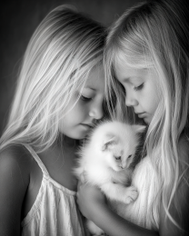 Jennifer and Jessica with Snowball - Black & White Art Print