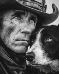 Clint with Betsy - Cowboy & His Dog Black & White Art Print
