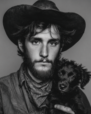 Jesse with Ranger - Cowboy & His Dog Black & White Art Print
