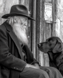 Old Man Monroe with Licorice - Cowboy & His Dog Black & White Art Print