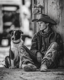 Johnny with Culpepper - Cowboy & His Dog Black & White Art Print