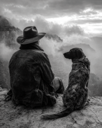 Jed with Baxter - Cowboy & His Dog Black & White Art Print