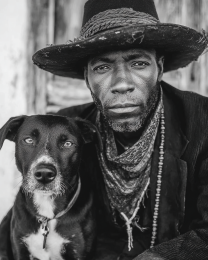 Terence with Tusk - Cowboy & His Dog Black & White Art Print