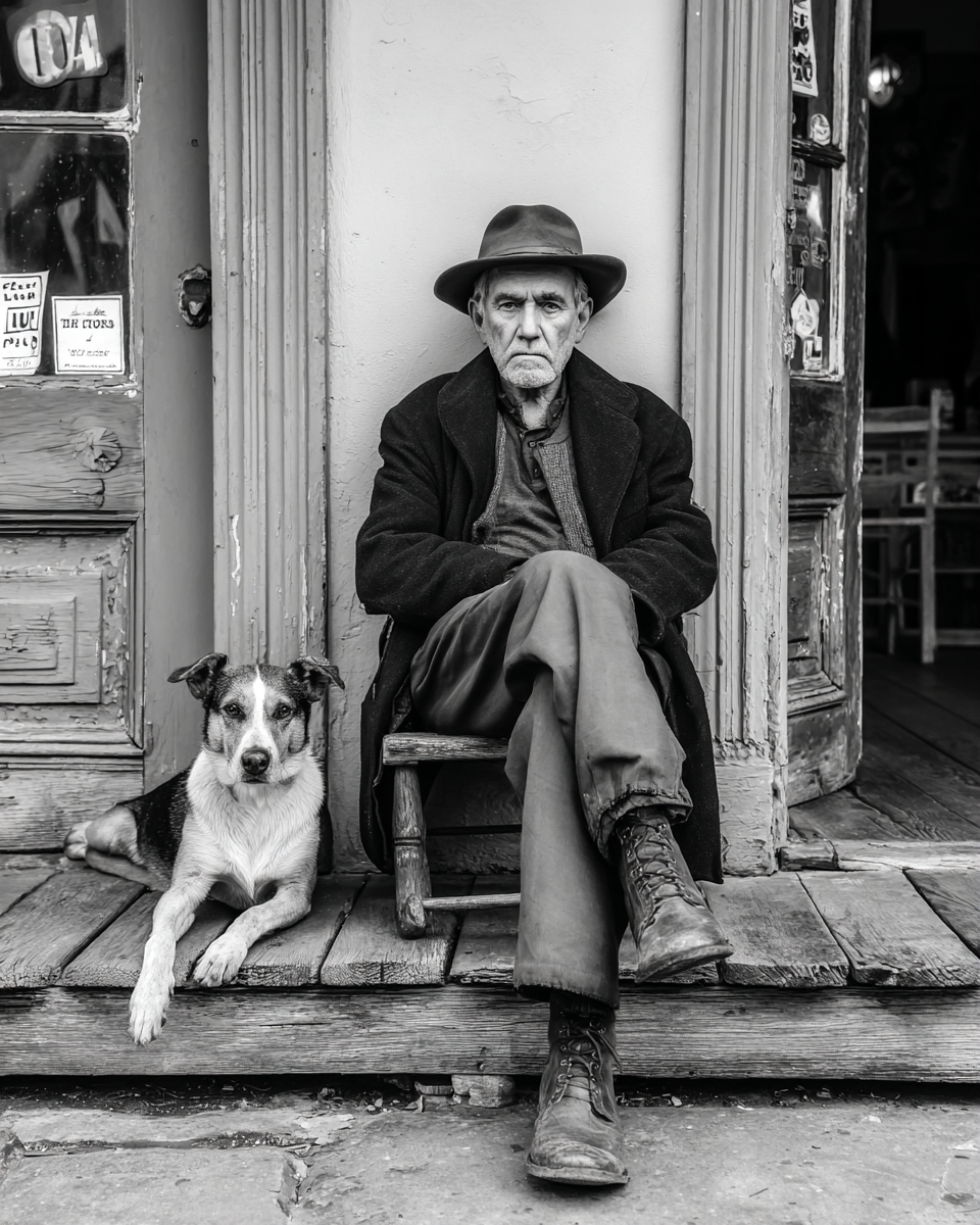 Fred with Pete - Cowboy & His Dog Black & White Art Print