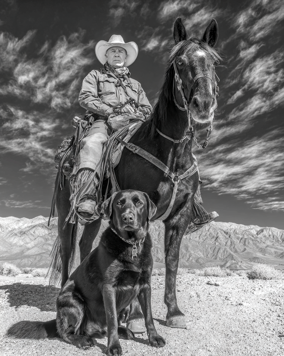 Chuck with Buddy - Cowboy & His Dog Black & White Art Print