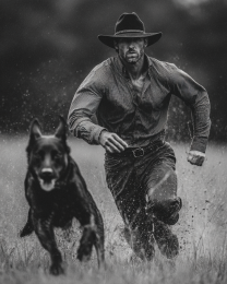 Mack Running with Apollo - Cowboy & His Dog Black & White Art Print