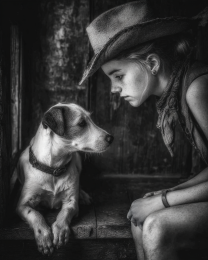 Melinda with Max - Cowgirl & Her Dog Black & White Art Print