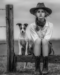Stacey with Pip - Cowgirl & Her Dog Black & White Art Print