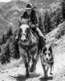 Polly Riding with Jack - Cowgirl & Her Dog Black & White Art Print
