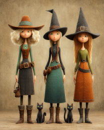 Two Witches, a Cowgirl, and Two Cats - Funny Cat Wall Art Print