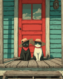 Western Kansas Couple on the Front Porch - Funny Cat Wall Art Print