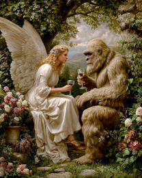 A Fairy Enjoys a Glass of Wine with Bigfoot - Art Prints of Fairies