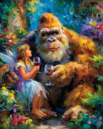 Bigfoot and a Fairy Enjoy Some Wine - Art Prints of Fairies
