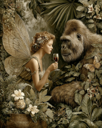 Fairy and Bigfoot Talking Over a Glass of Wine - Art Prints of Fairies