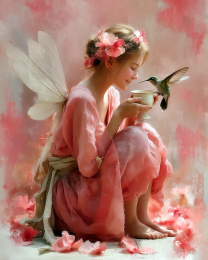 Pink Fairy and a Hummingbird - Fairy Art Print