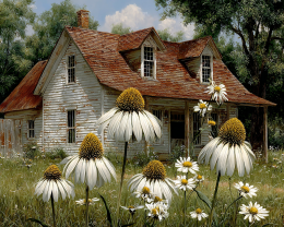 Daisies on Old Homestead - Landscape Art Print