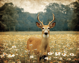 Curious Buck Deer in Field of Daisies - Landscape Art Print
