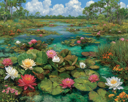 Multi-Color Lotus Blossoms on the Kissimmee River in the Everglades - Landscape Art Print