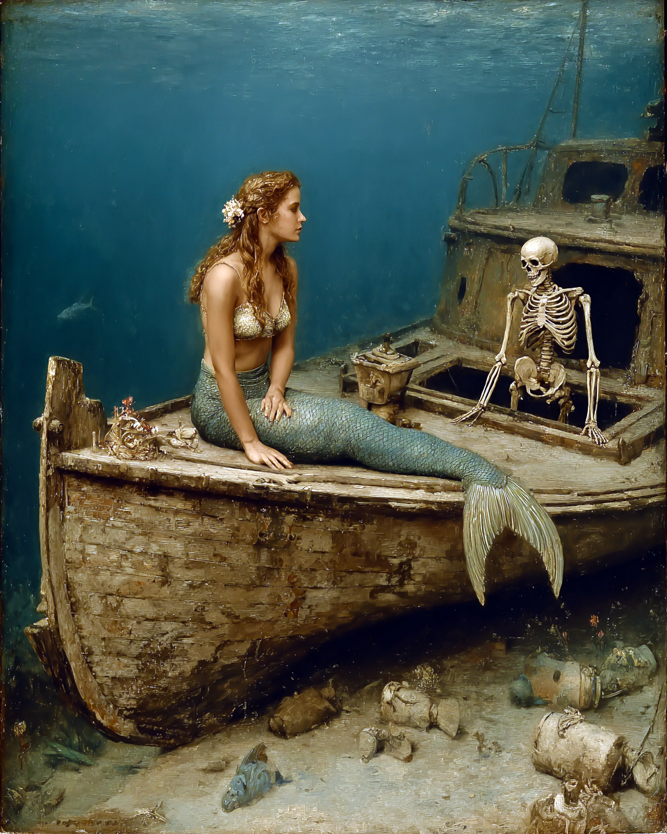 Mermaid Talking to Her Old Beau - Coastal Art Print