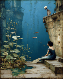 Mermaid Talking to a Skeleton - Coastal Art Print